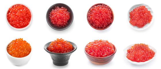 Set of delicious red caviar on white background