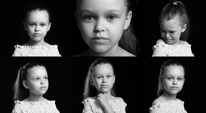 Set of little girl showing different emotions on black background