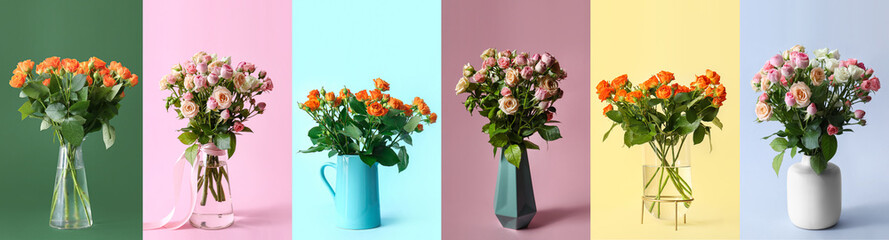 Vases with bouquets of beautiful roses on colorful background