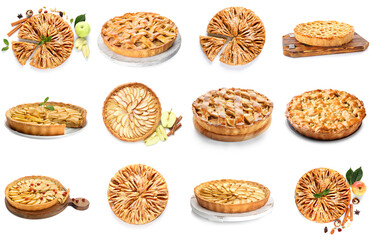 Set of tasty apple pies isolated on white