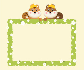 A squirrel character wearing a kindergarten hat and a flower-shaped frame illustration set. memo, frame, note, kid, tag. Vector drawing. Hand drawn style.