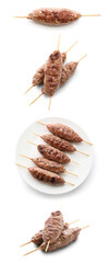 Set of skewers with tasty lula kebab isolated on white