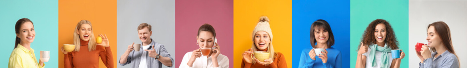Set of people drinking hot black tea on colorful background