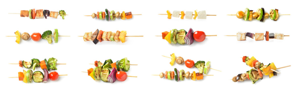 Set of skewers with tasty vegetables isolated on white