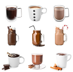 Set of tasty hot chocolate on white background