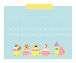 animal that plays by train in kindergarten. illustration set. Notepad, kid, sticker, memo, animal icon. Vector drawing. Hand drawn style.