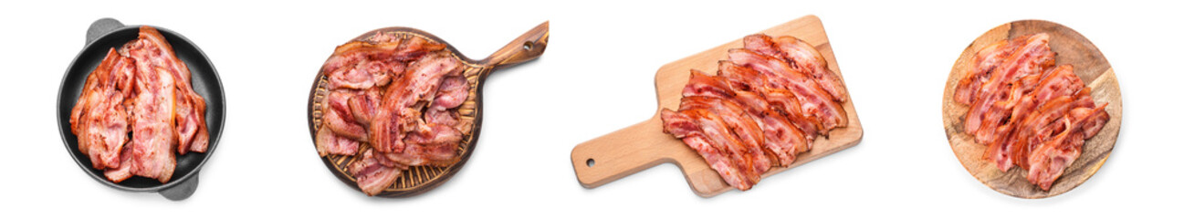Fototapeta premium Set of fried bacon rashers on white background