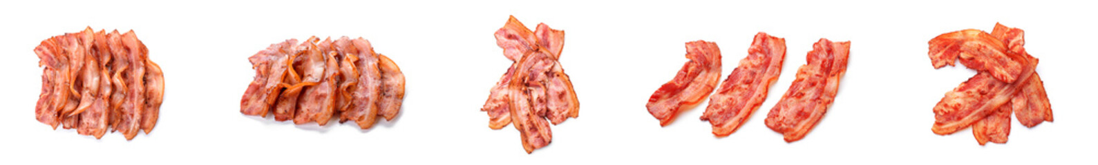 Set of fried bacon rashers on white background