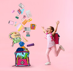 Happy little schoolgirl and drawn backpack with different stationery on pink background
