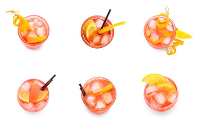 Glasses of tasty Negroni cocktail isolated on white, top view