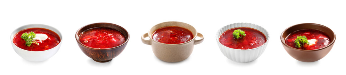 Set of tasty Ukrainian borscht on white background