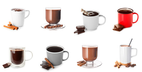 Set of tasty hot chocolate on white background