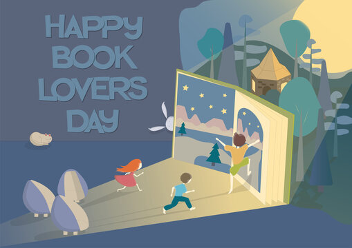 Children Love Reading - Vector Illustration . Happy Book Lovers Day Text. Congratulations On The Book Lovers Day.