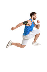 Sporty male runner on white background