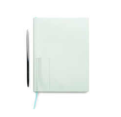 Hardcover notebook and pen on white background
