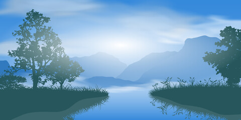 Fototapeta na wymiar tree and grass silhouette in lake