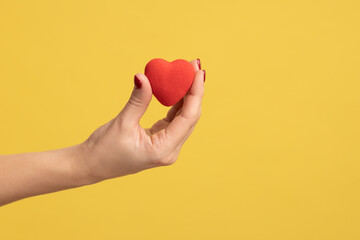 Profile side view closeup of woman hand holding tiny red heart, symbol of love, showing romantic feelings. Indoor studio shot isolated on yellow background.