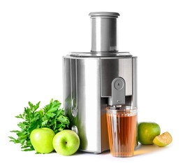 Modern juicer with fresh fruits on white background