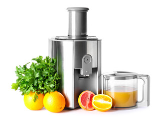 Modern juicer with fresh fruits on white background