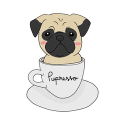 Pug dog in coffee cup with Pupresso word cartoon vector illustration	