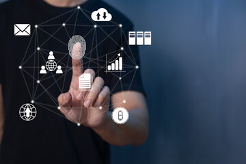 Person touching virtual screen to scan fingerprints, digital transformation management concept. Internet of Things, Big Data and Business Processes, Automation, Storage Systems, Cloud Computing