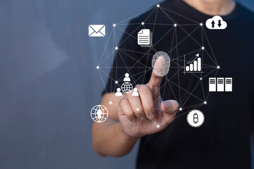 Person touching virtual screen to scan fingerprints, digital transformation management concept. Internet of Things, Big Data and Business Processes, Automation, Storage Systems, Cloud Computing
