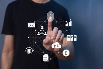 Person touching virtual screen to scan fingerprints, digital transformation management concept. Internet of Things, Big Data and Business Processes, Automation, Storage Systems, Cloud Computing