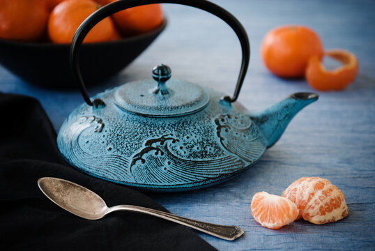 Blue Asian Tea Pot with clementines
