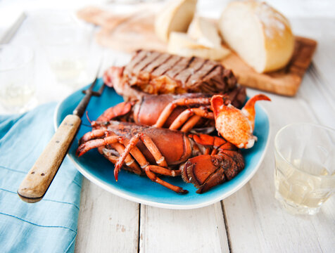 Surf and Turf Platter with Lobster and Steak; Bread in the Background