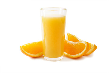 A glass of orange juice with orange slices on a white isolated background