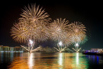 Amazing fireworks above the lake in Yas Bay for celebrations in Abu Dhabi. Eid Mubarak.