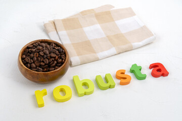 Robusta coffee beans, roasted grain flavour aroma cafe, natural coffee shop.