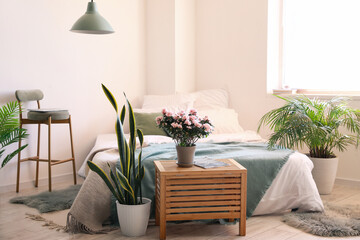 Comfortable bed and houseplants in light bedroom interior