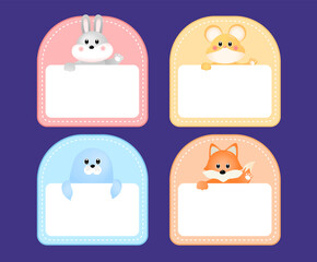 Colorful kindergarten animal character name tags. Illustration set Notepad, child, sticker, animal icon, tag. Rabbit, fox, seal, mouse vector drawing. a hand-drawn style