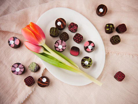 Gourmet Spring Chocolate with a Tulip; From Above