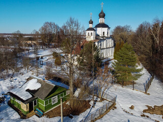 Russia, Moscow region, Borodino,the Church of the Smolensk Icon of the Mother of God on a sunny spring day. Aerial photography.