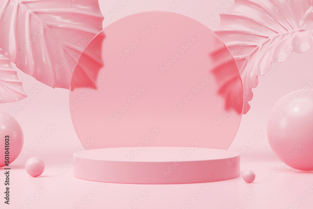 Poster mock up of geometry podium with surreal pink leaf for product presentation on pink background. 3d re