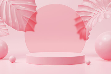 Mock up of geometry podium with surreal pink leaf for product presentation on pink background. 3d rendering.