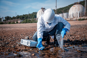 Scientist wearing safety uniform and glove under working water analysis and waste water quality to...