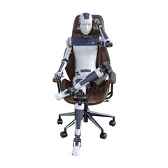 Robot woman sitting on an office chair, isolated on white background. Artificial intelligence concept, future of new office technology. 3d rendering-illustration.