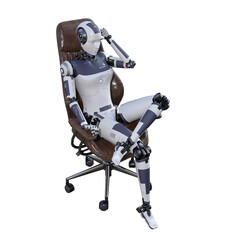 Robot woman sitting on an office chair, isolated on white background. Artificial intelligence concept, future of new office technology. 3d rendering-illustration.