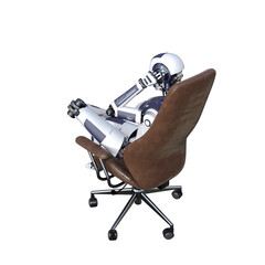 Robot woman sitting on an office chair, isolated on white background. Artificial intelligence concept, future of new office technology. 3d rendering-illustration.