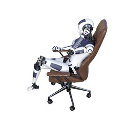 Robot woman sitting on an office chair, isolated on white background. Artificial intelligence concept, future of new office technology. 3d rendering-illustration.
