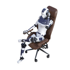 Robot woman sitting on an office chair, isolated on white background. Artificial intelligence concept, future of new office technology. 3d rendering-illustration.
