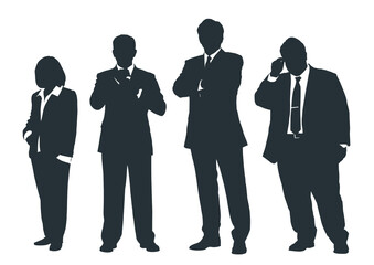 Business people group gray silhouettes pose on white background, flat line vector and illustration.