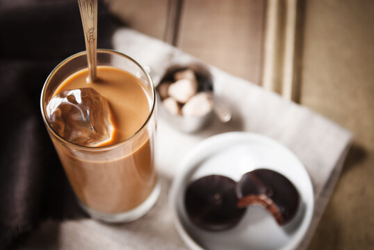 Milky Coffee With Ice Cream And Peppermint Biscuits