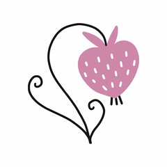 Doodle style flower. Vector isolated illustration. Hand drawn. Cute strawberry berry on twig.