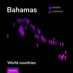 Bahamas 3D map. Stylized striped isometric neon vector Map of Bahamas is in violet colors on black background. Educational banner
