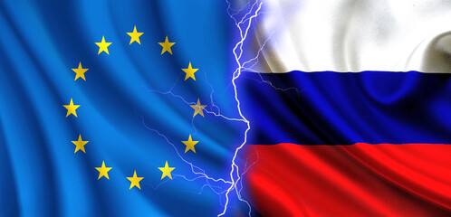 Russia vs european union, countries confrontation concept, european union flag vs russia flag,...