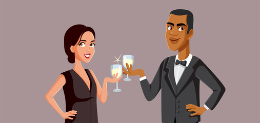 Couple Toasting Champagne Celebrating Together Vector Cartoon Illustration